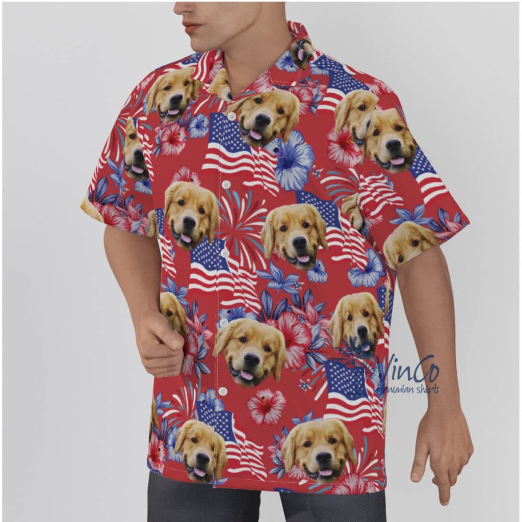 Funny Custom Dog Face 4th Of July Floral Red Hawaiian Shirt