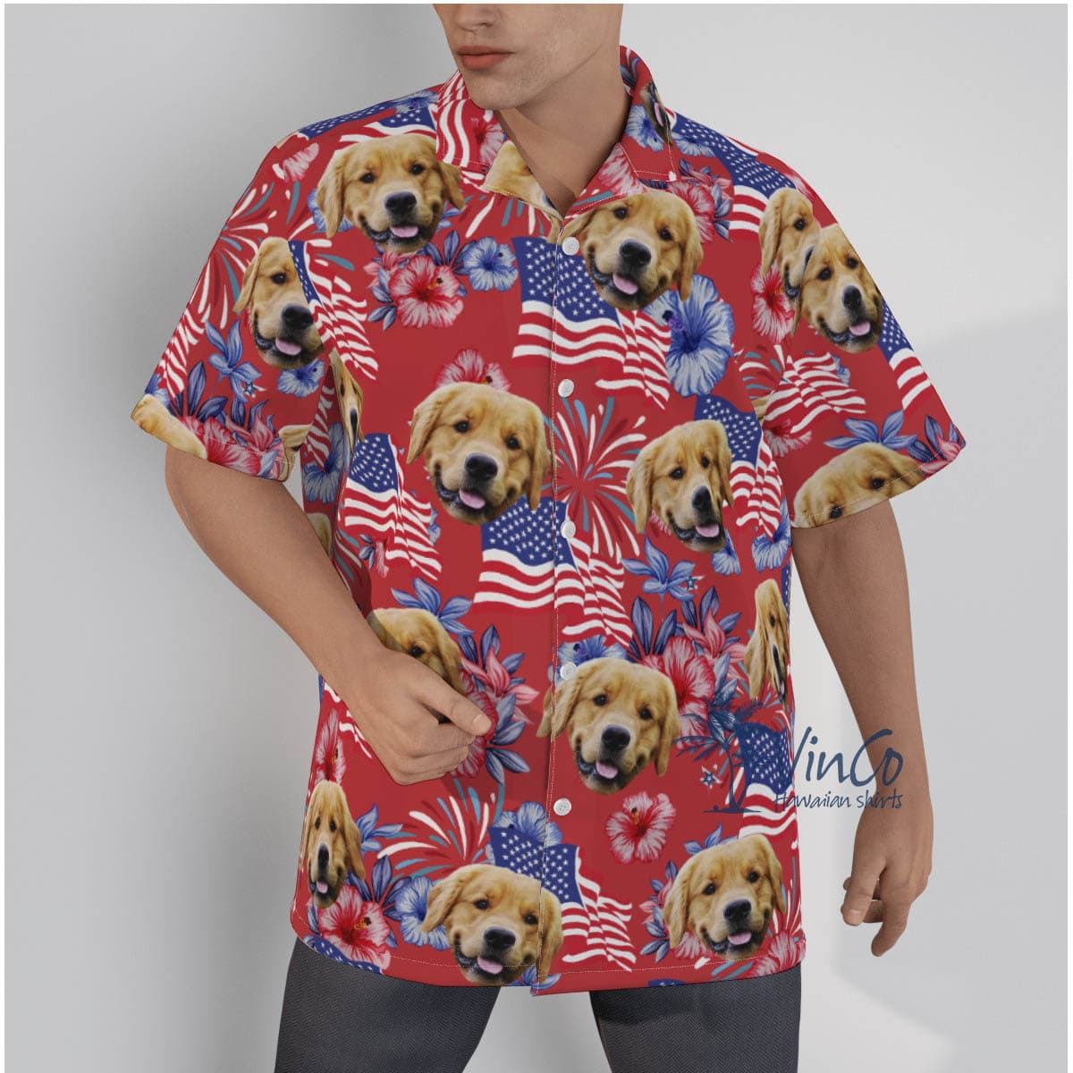Funny Custom Dog Face 4th Of July Floral Red Hawaiian Shirt