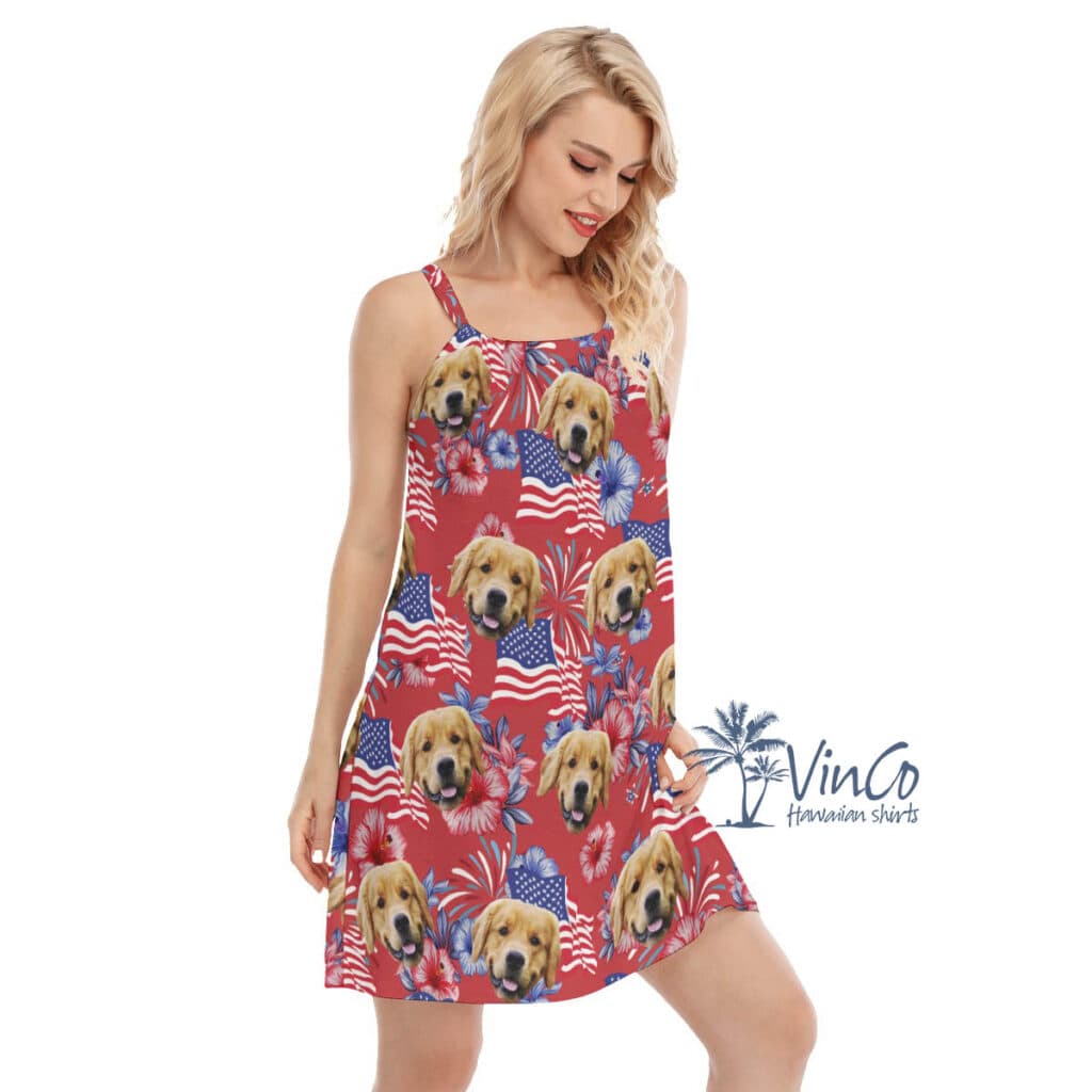 Funny Custom Dog Face American Flag Hawaiian Dresses For Women