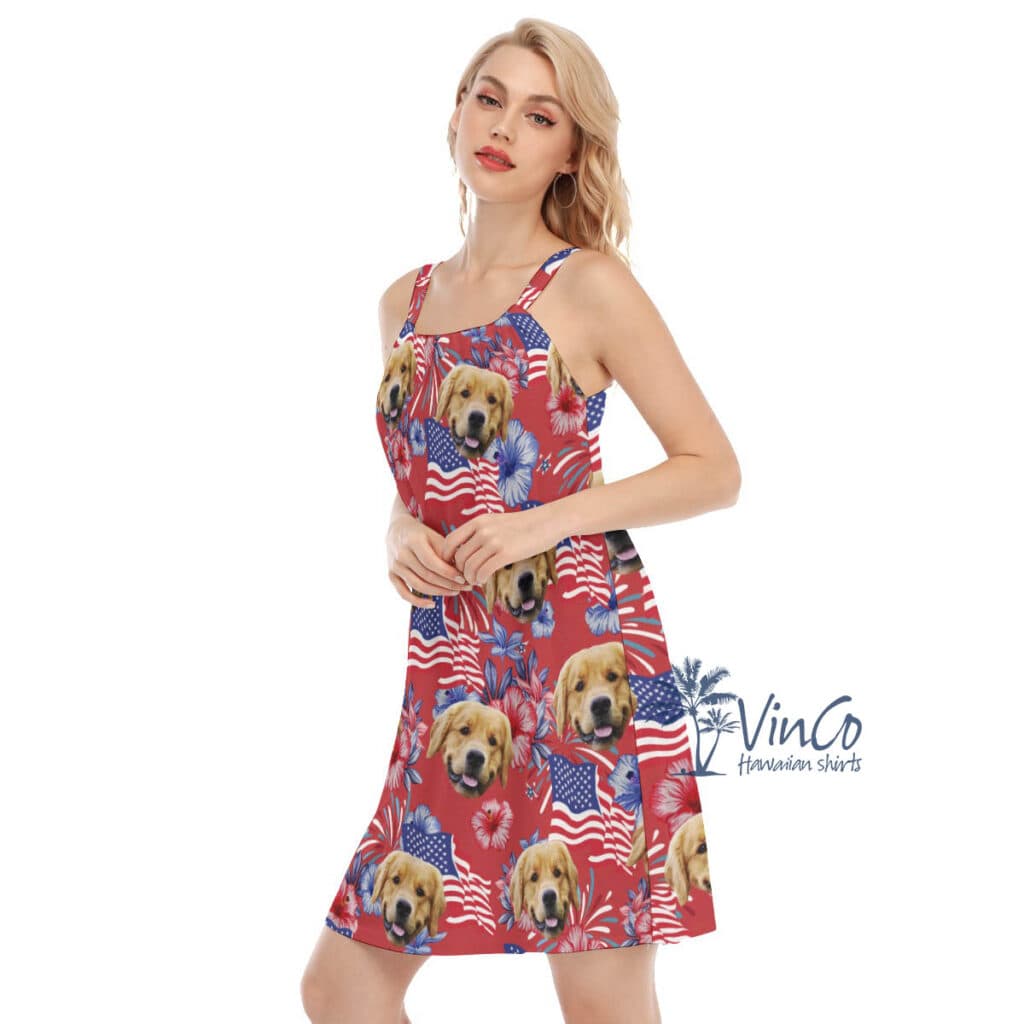 Funny Custom Dog Face American Flag Hawaiian Dresses For Women