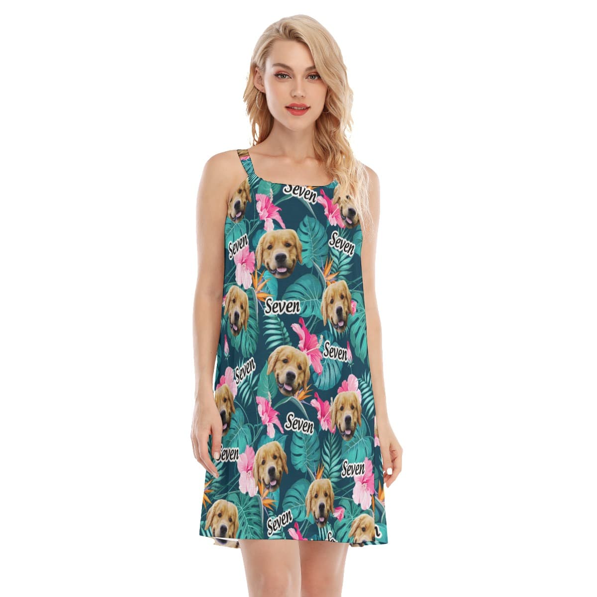 Funny Custom Dog Face And Name Floral Hawaiian Cami Dress (1)
