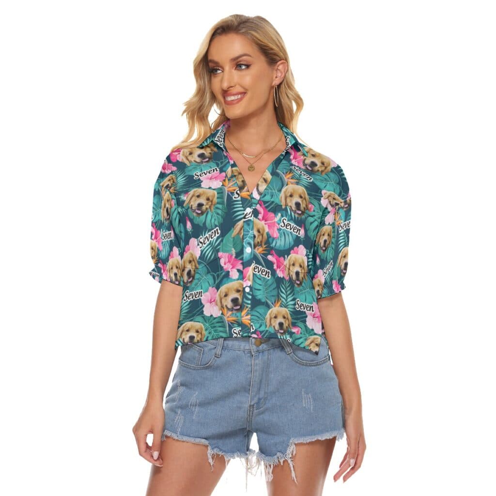 Funny Custom Dog Face And Name Floral Hawaiian Crop Top Shirt For Women