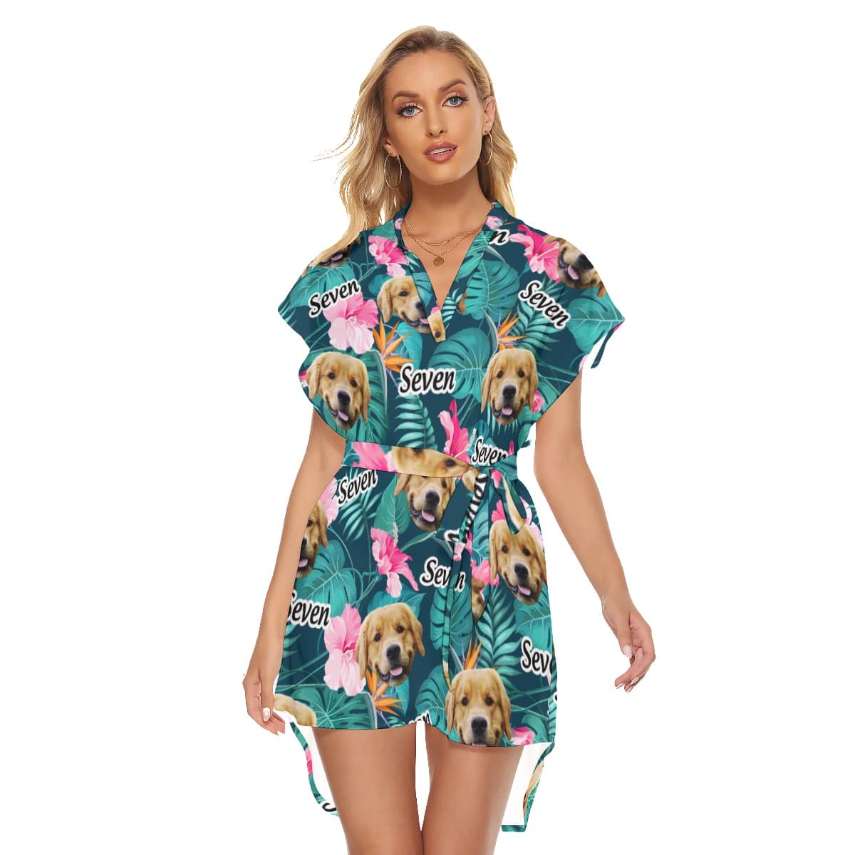 Funny Custom Dog Face And Name Floral Hawaiian Dress With Belt (4)