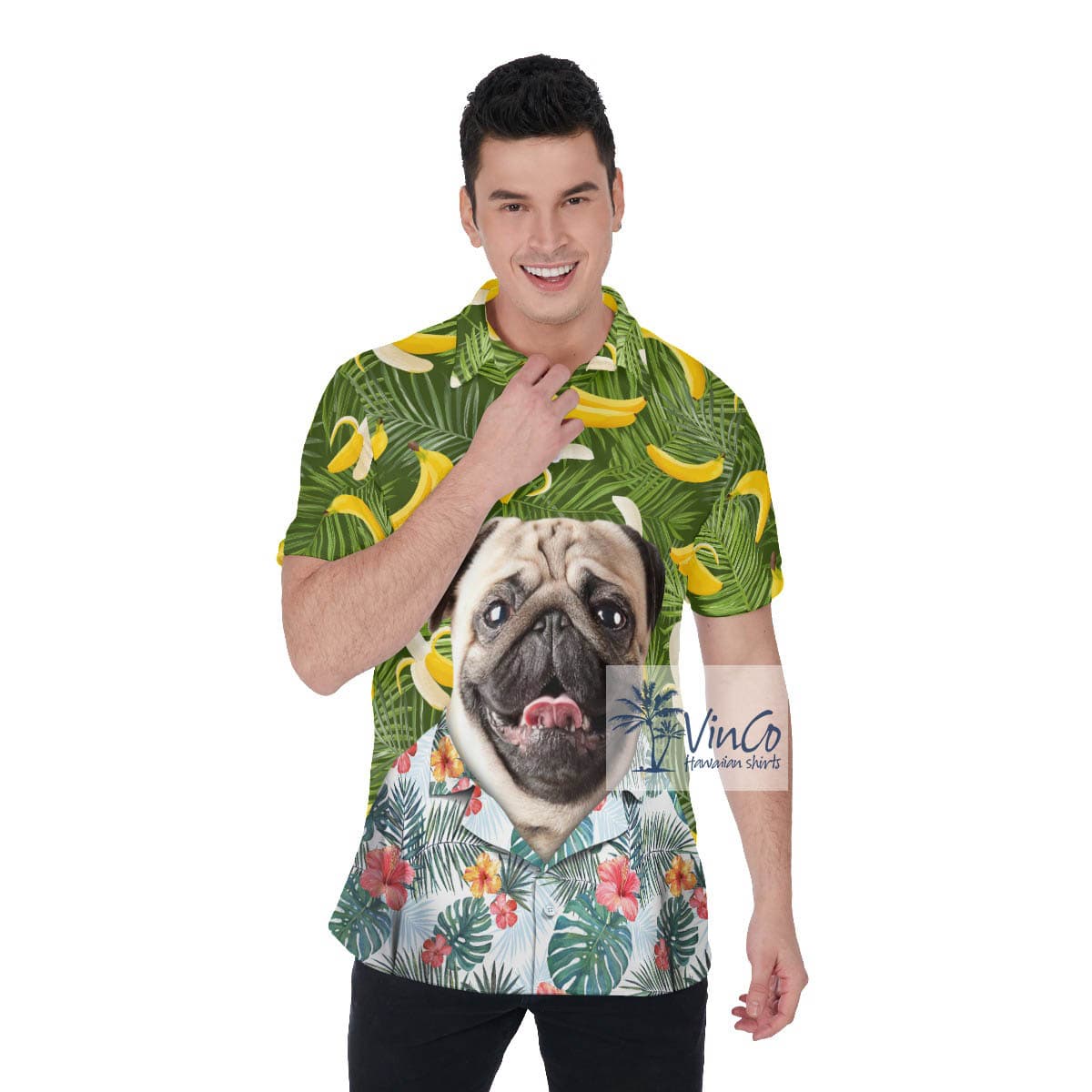 Funny Custom Dog Face Banana Hawaiian Polo For Men (2)