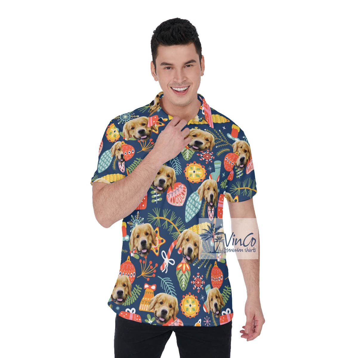 Funny Custom Dog Face Christmas Hawaiian Golf Shirt For Men