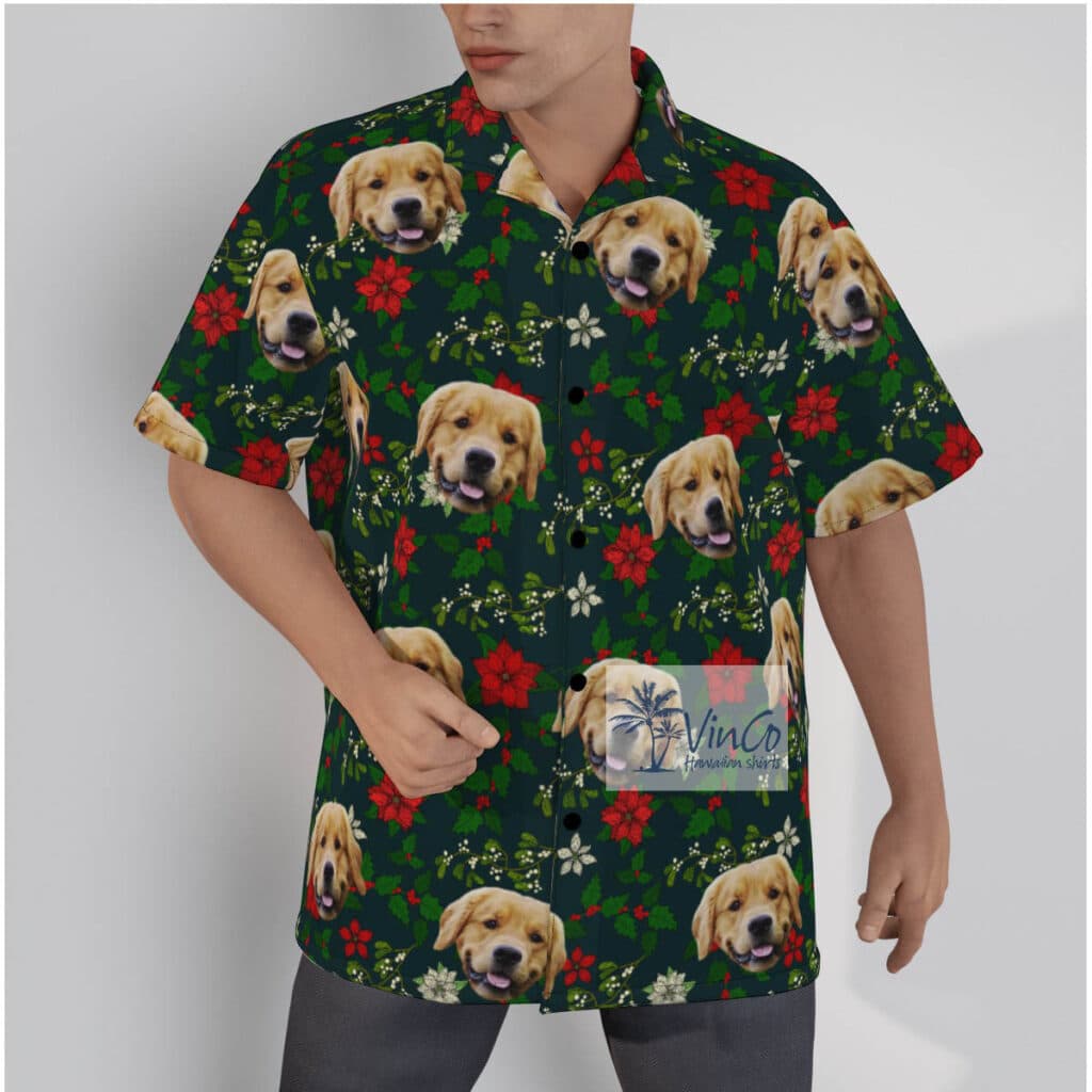 Funny Custom Dog Face Christmas Poinsettia Green Hawaiian Shirt