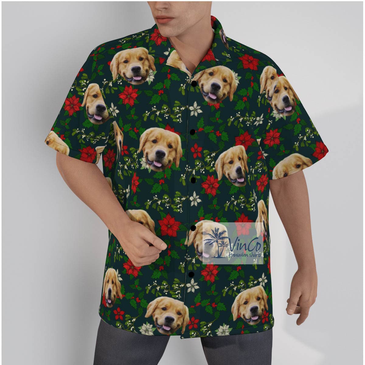 Funny Custom Dog Face Christmas Poinsettia Green Hawaiian Shirt