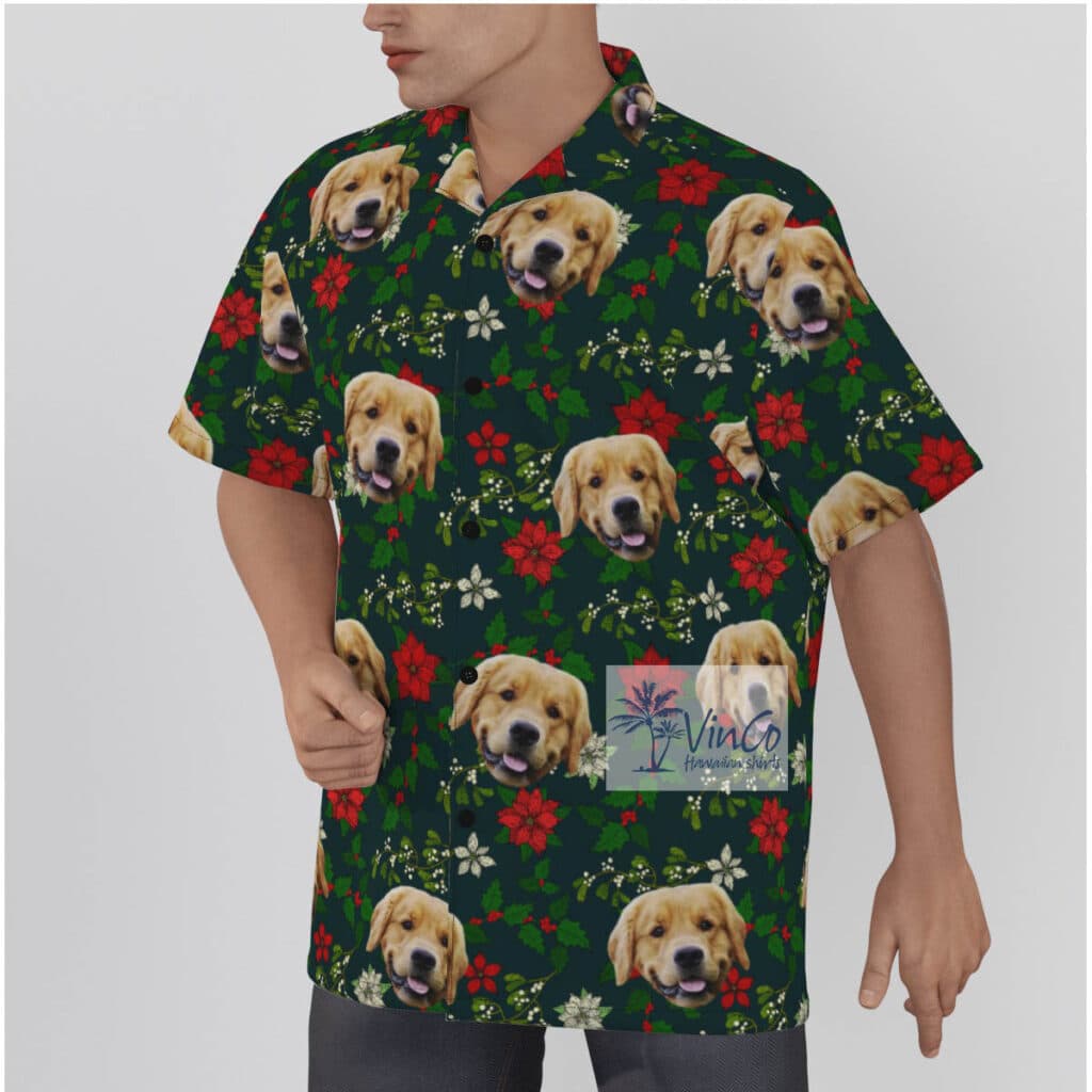 Funny Custom Dog Face Christmas Poinsettia Green Hawaiian Shirt