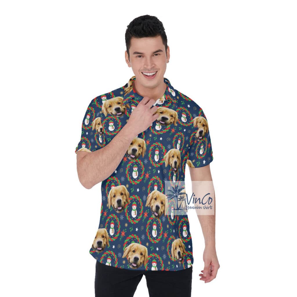 Funny Custom Dog Face Christmas Snowman Hawaiian Polo Shirt For Men