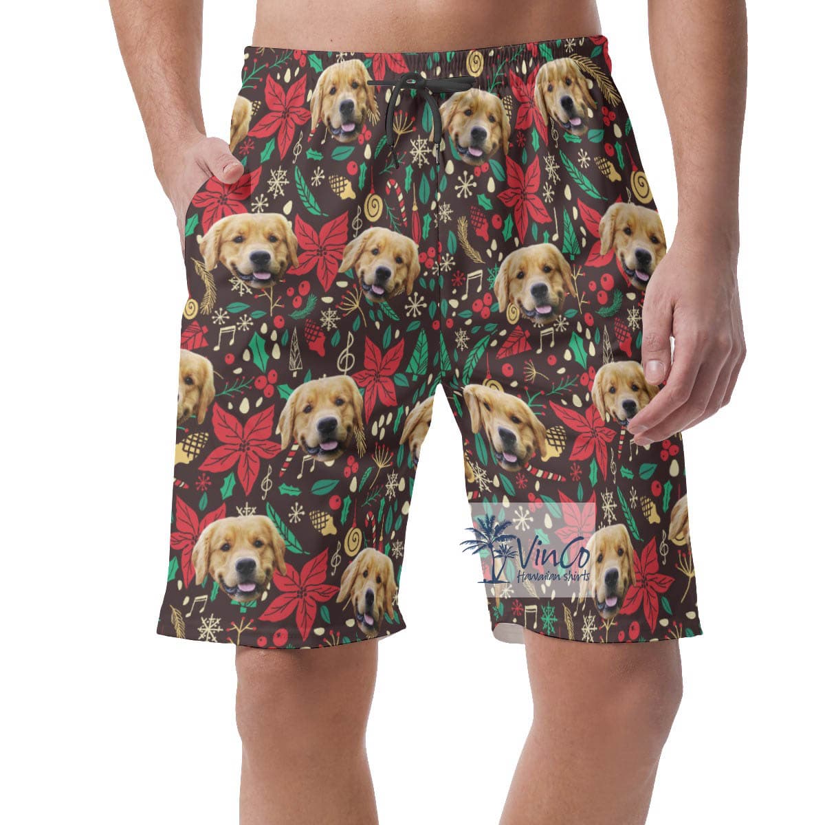 Funny Custom Dog Face Christmas Vintage Hawaiian Beach Shorts For Men