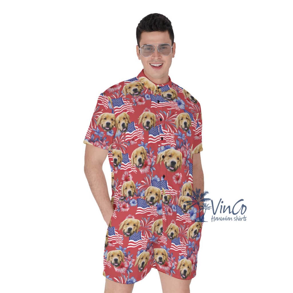 Funny Custom Dog Face Floral Patriotic Hawaiian Romper For Men