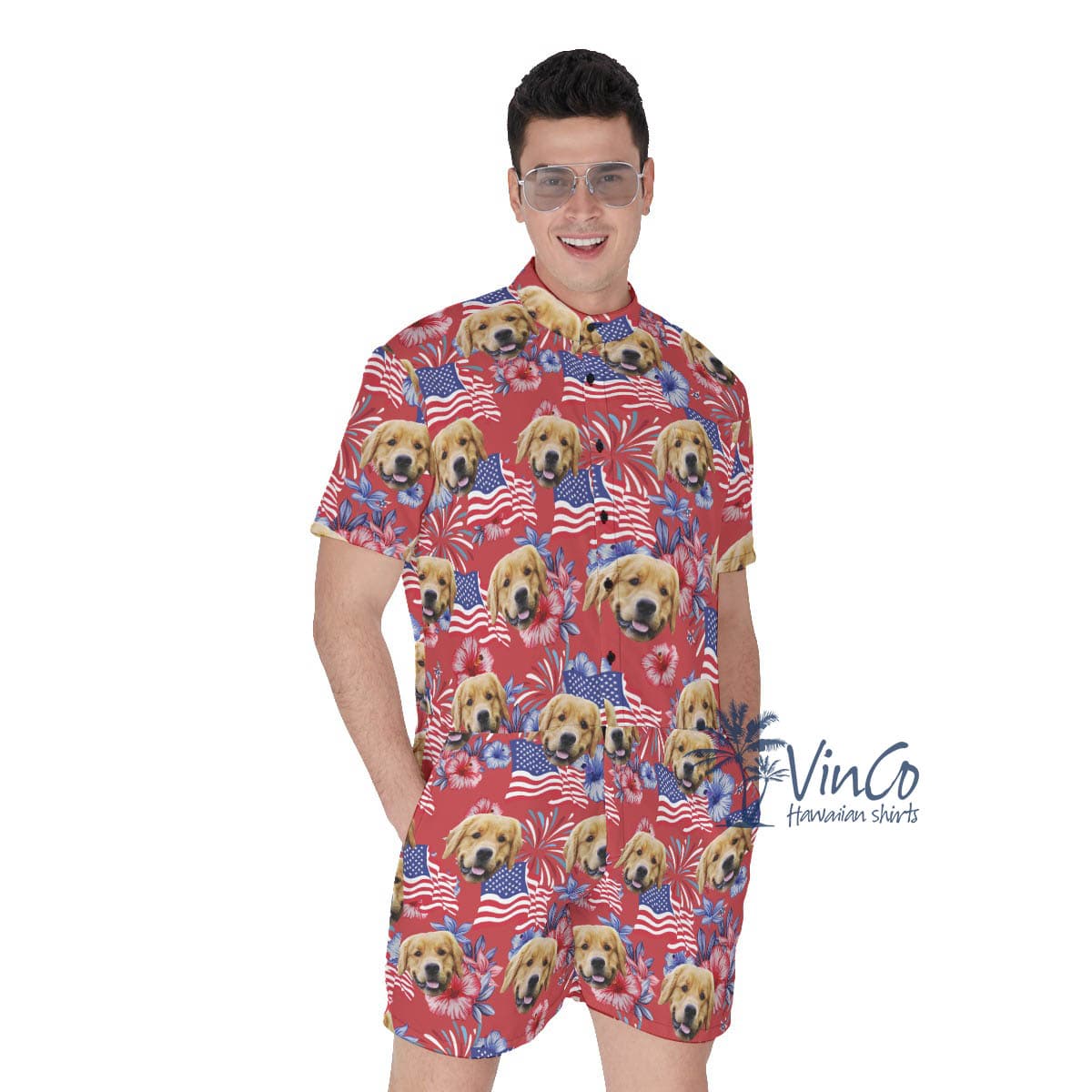 Funny Custom Dog Face Floral Patriotic Hawaiian Romper For Men