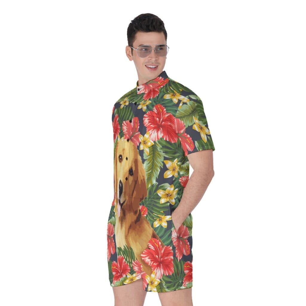 Funny Custom Dog Face Hand-Painted Hibicus Hawaiian Romper For Men