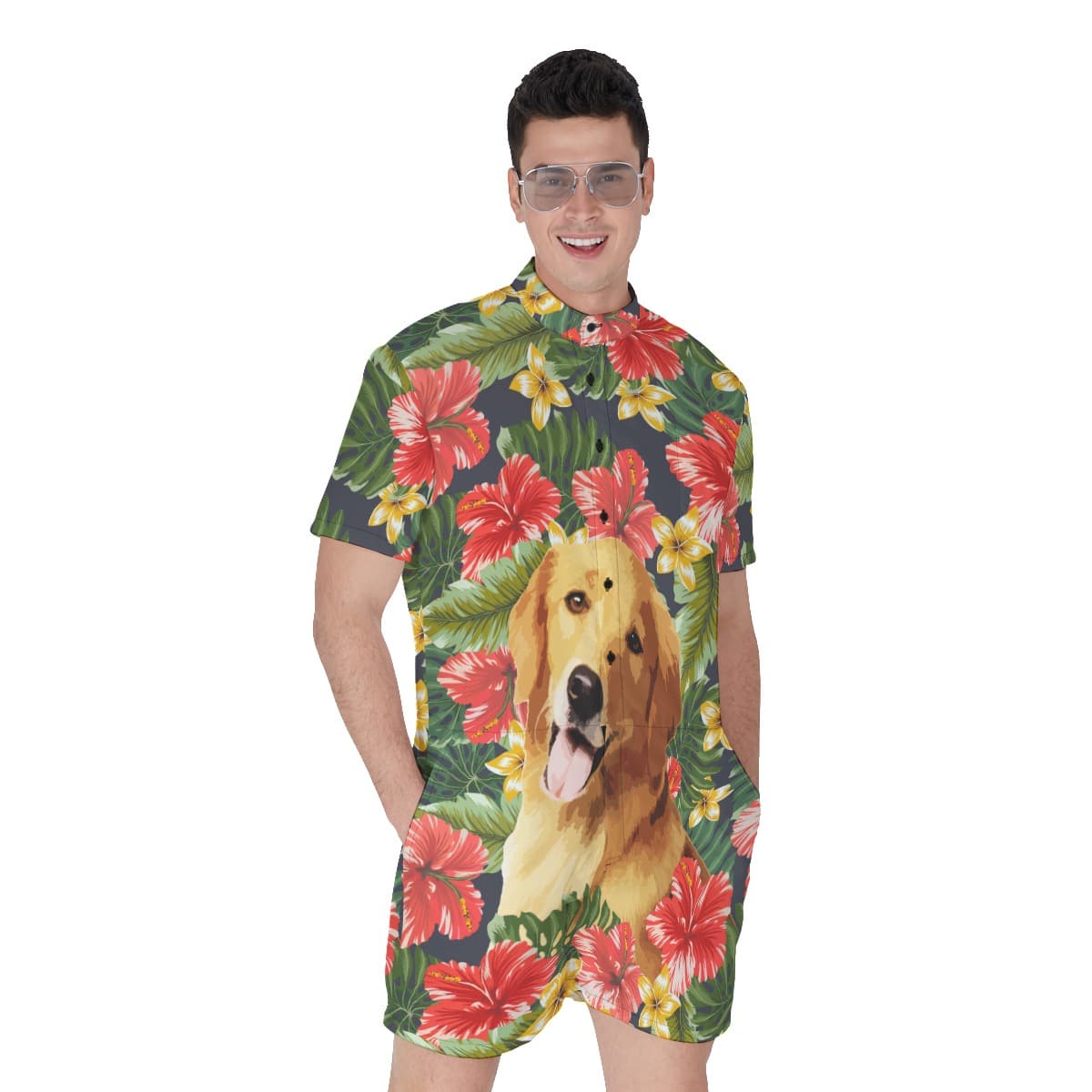 Funny Custom Dog Face Hand-Painted Hibicus Hawaiian Romper For Men