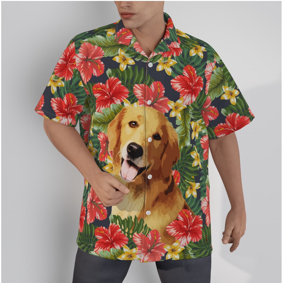 Funny Custom Dog Face Hand-Painted Hibicus Hawaiian Shirt