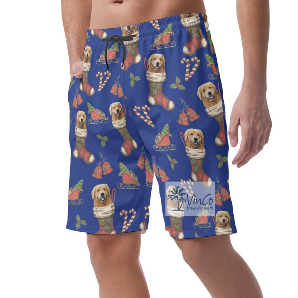 Funny Custom Dog Face On Socks Christmas Hawaiian Beach Shorts For Men