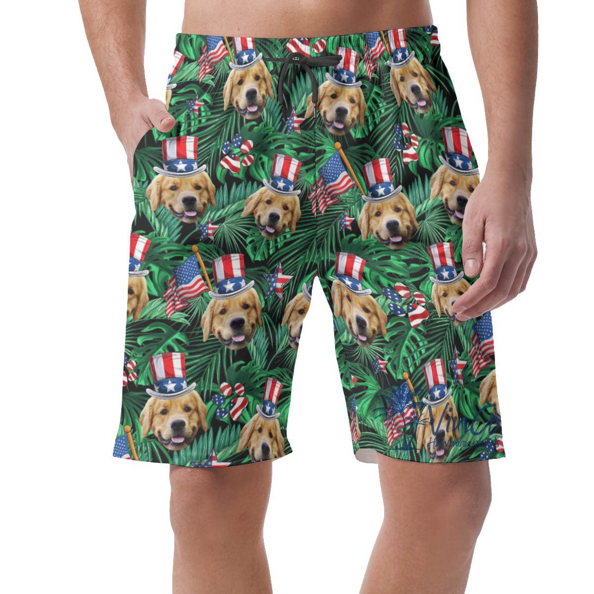 Funny Custom Dog Face Patriotic Hawaiian Beach Shorts For Men