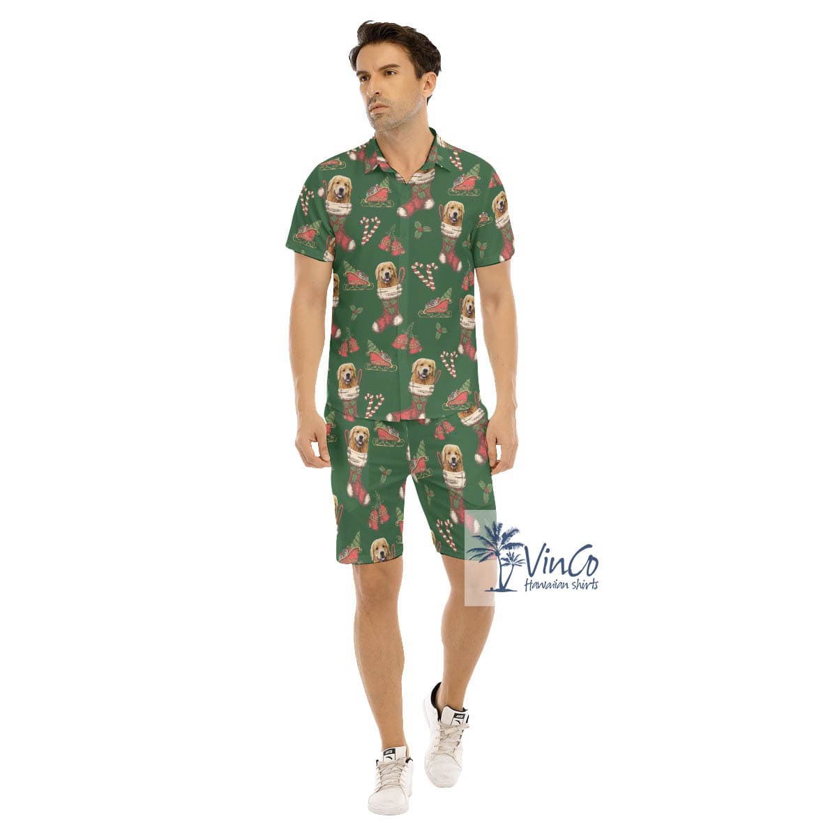 Funny Custom Dog Face With Christmas Sock Hawaiian Shirt And Matching Shorts For Men (4)