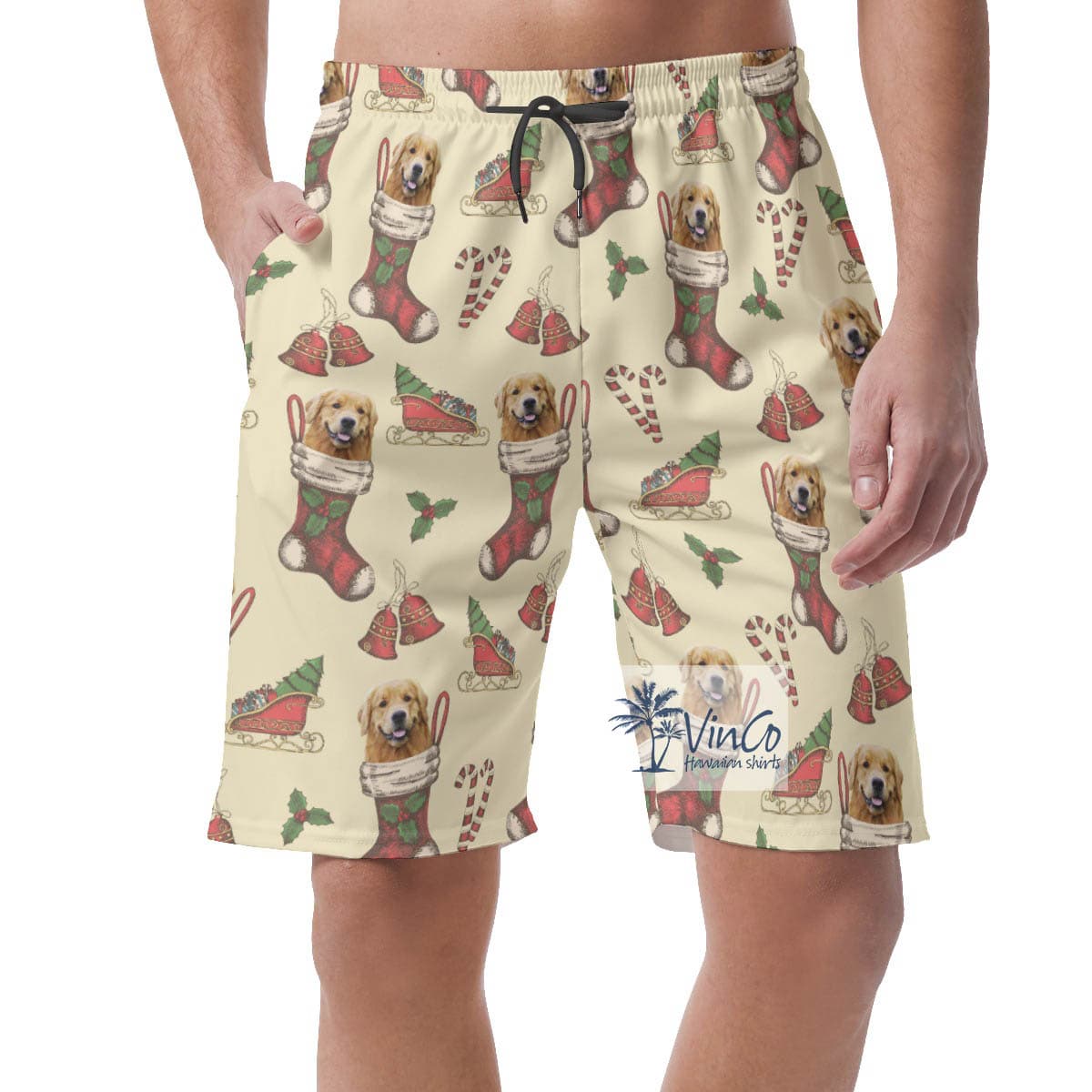 Funny Custom Dog Face With Christmas Socks Hawaiian Beach Shorts For Men