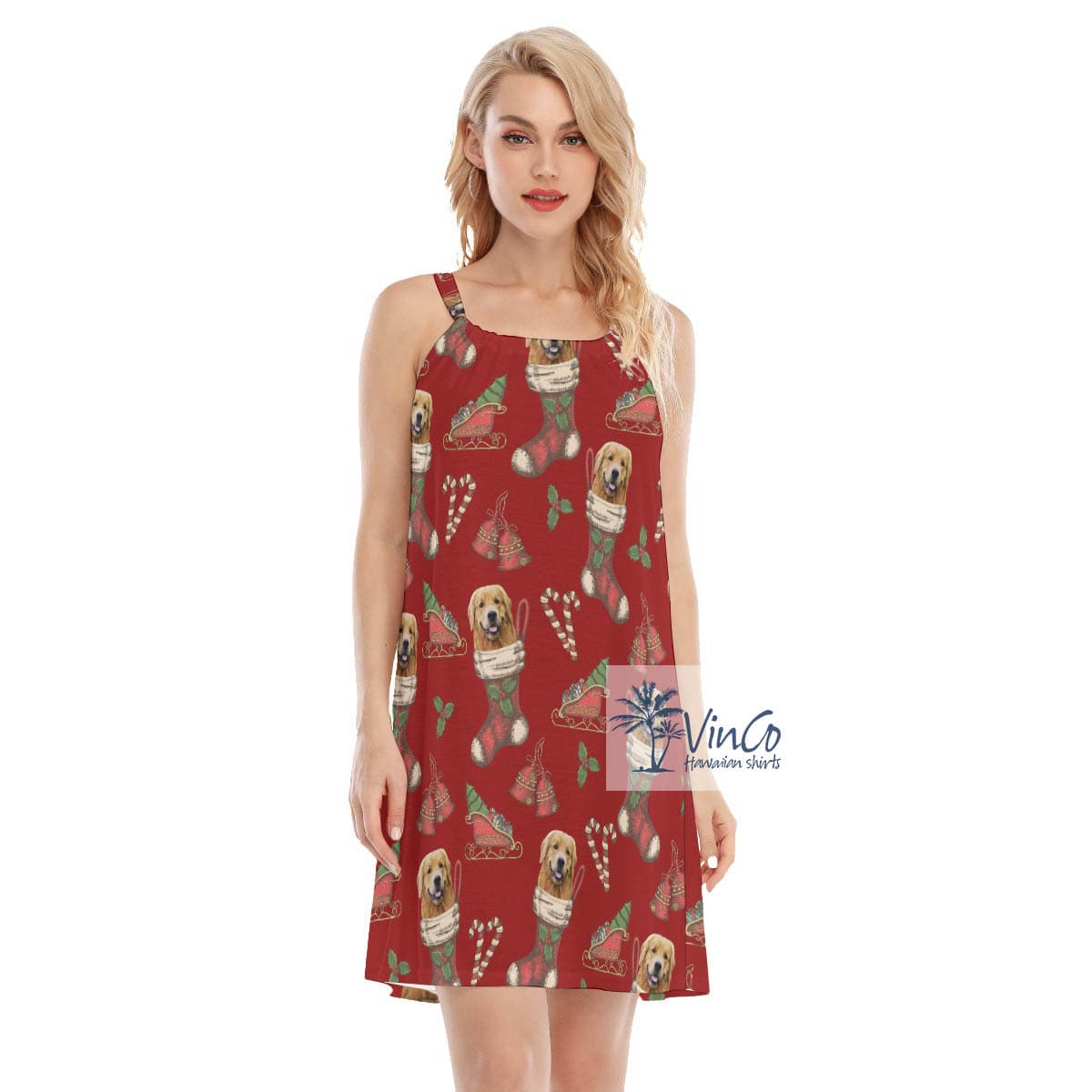 Funny Custom Dog Face With Christmas Socks Hawaiian Dresses For Women (2)