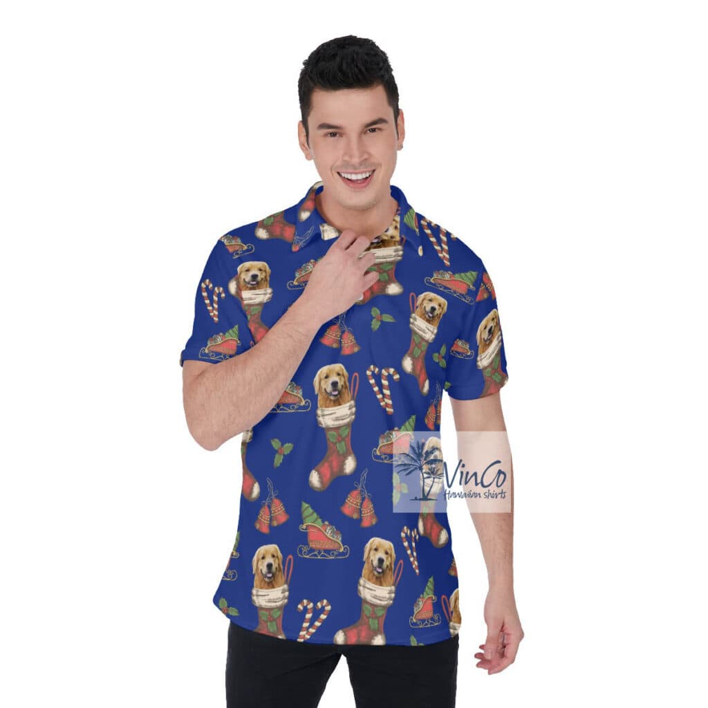 Funny Custom Dog Face With Christmas Socks Hawaiian Polo Shirt