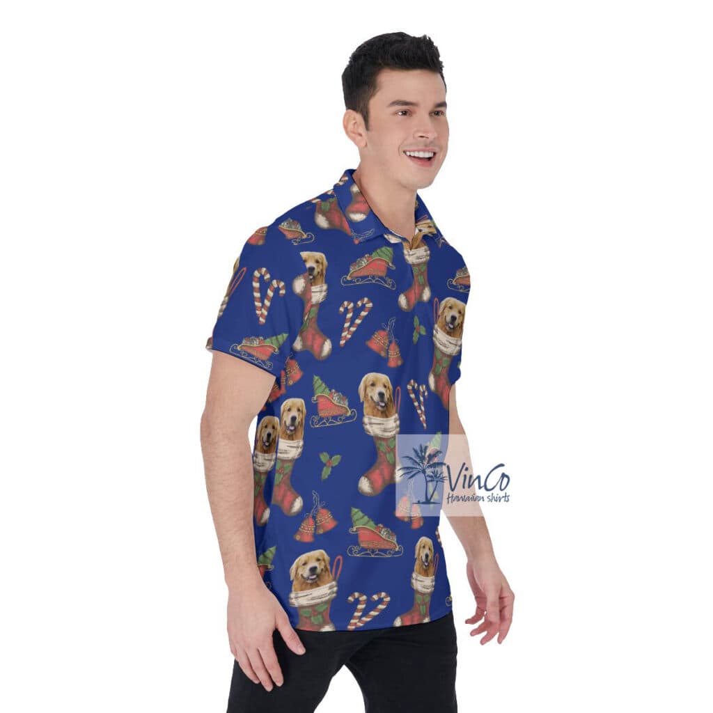 Funny Custom Dog Face With Christmas Socks Hawaiian Polo Shirt