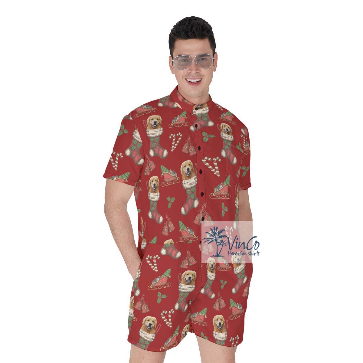 Funny Custom Dog Face With Christmas Socks Men's Hawaiian Romper