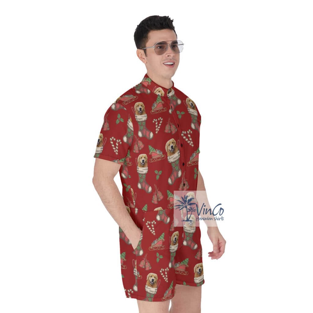 Funny Custom Dog Face With Christmas Socks Men's Hawaiian Romper