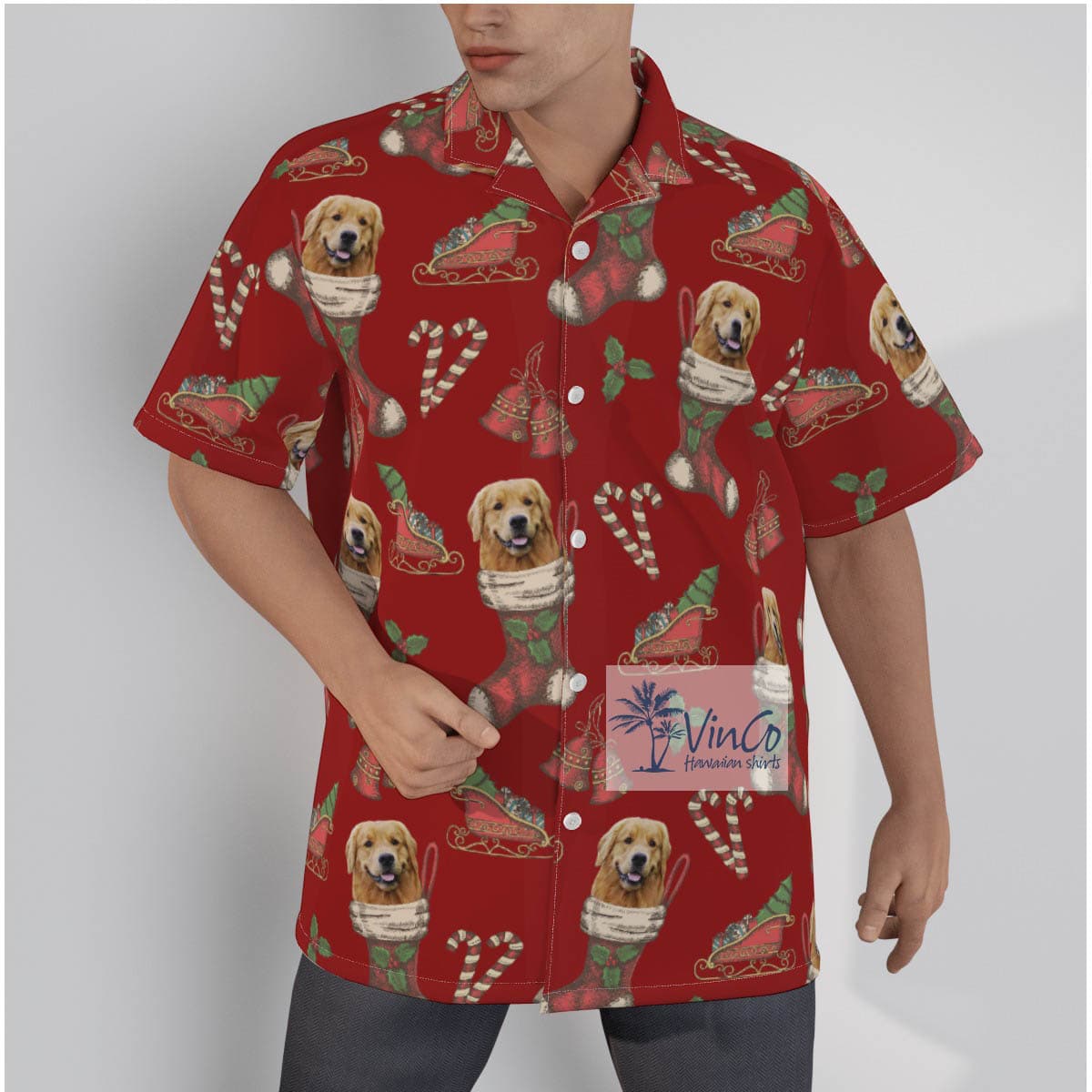 Funny Custom Dog Face With Christmas Socks Red Hawaiian Shirt