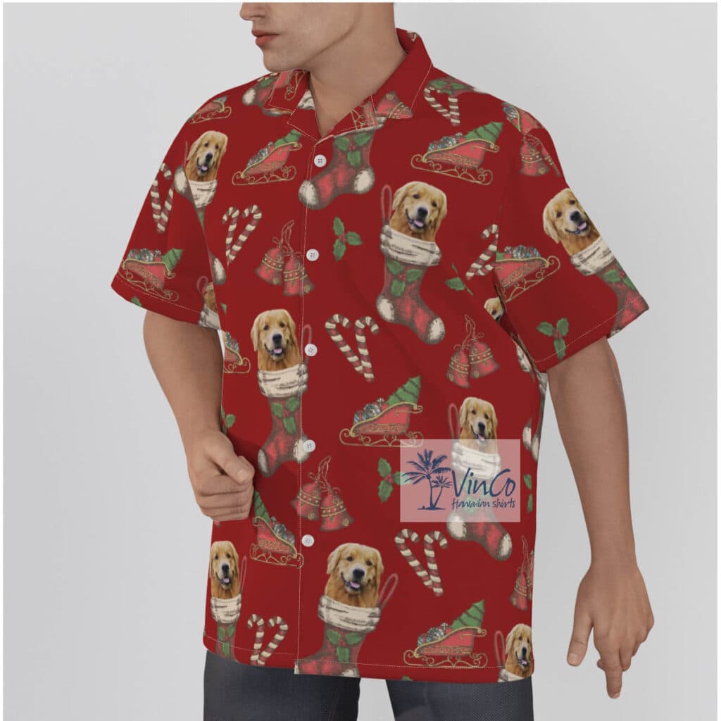 Funny Custom Dog Face With Christmas Socks Red Hawaiian Shirt