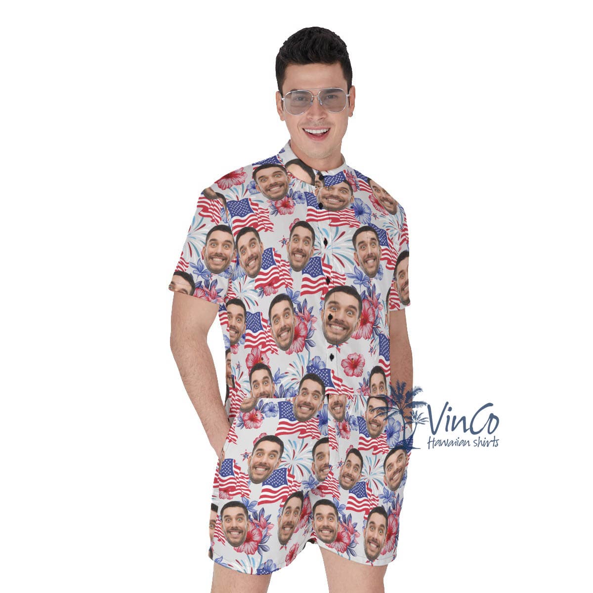 Funny Custom Face 4th Of July Floral Hawaiian Romper For Men