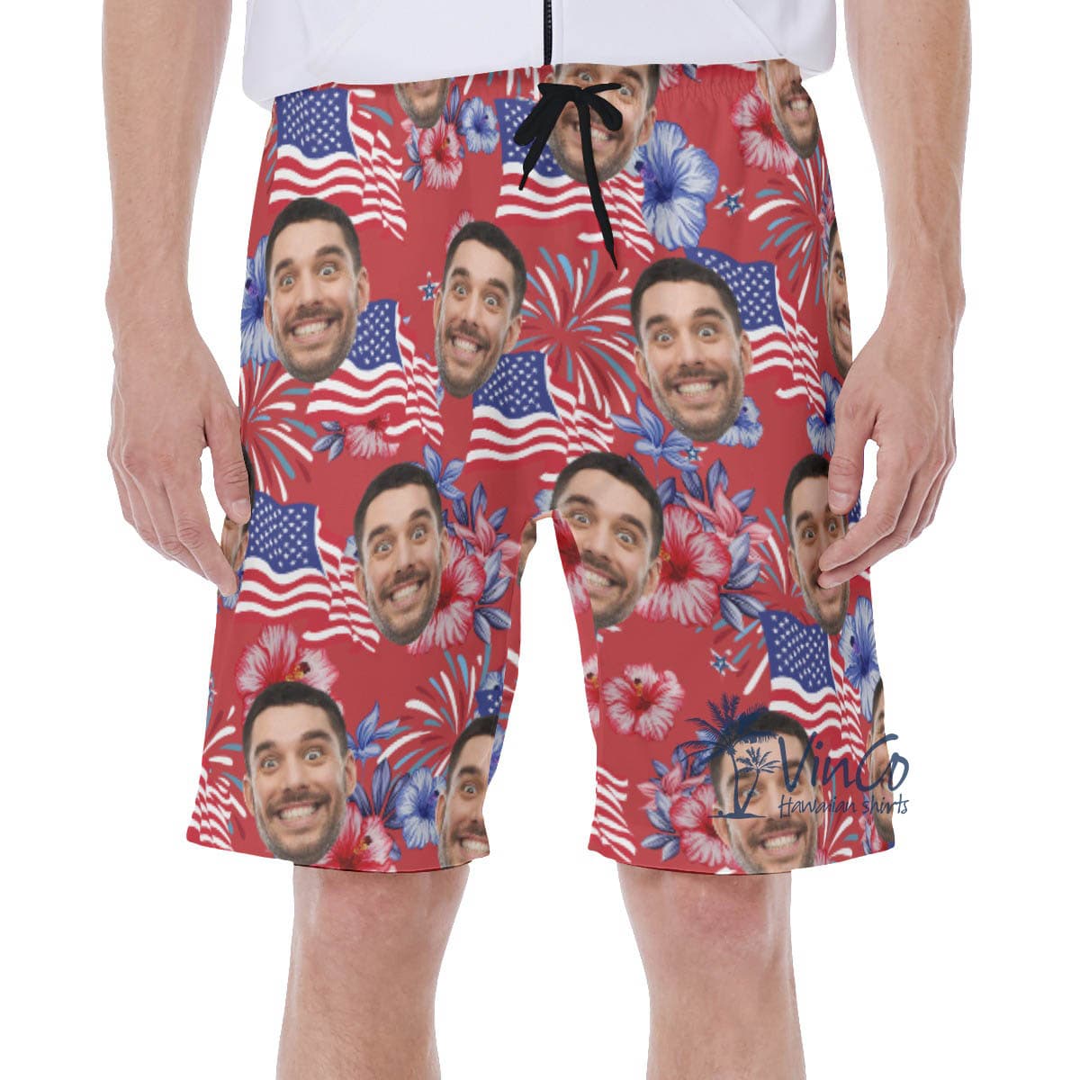 Funny Custom Face American Flag Floral Hawaiian Swim Trunks For Men