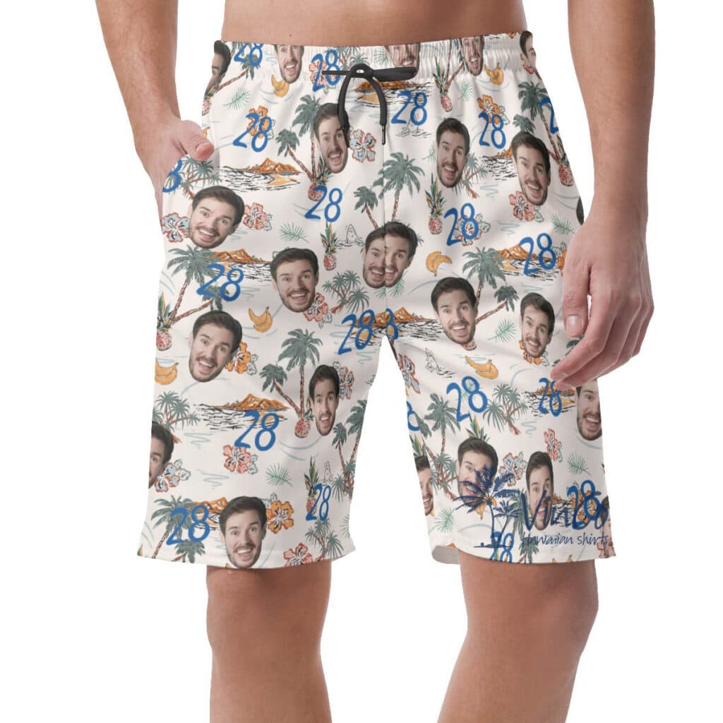 Funny Custom Face And Age Birthday Tropical Island Hawaiian Beach Shorts