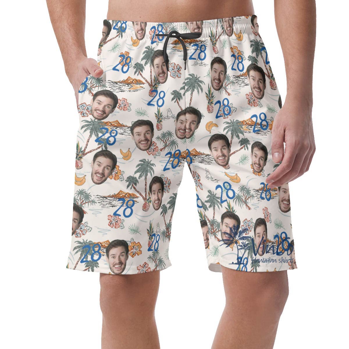 Funny Custom Face And Age Birthday Tropical Island Hawaiian Beach Shorts