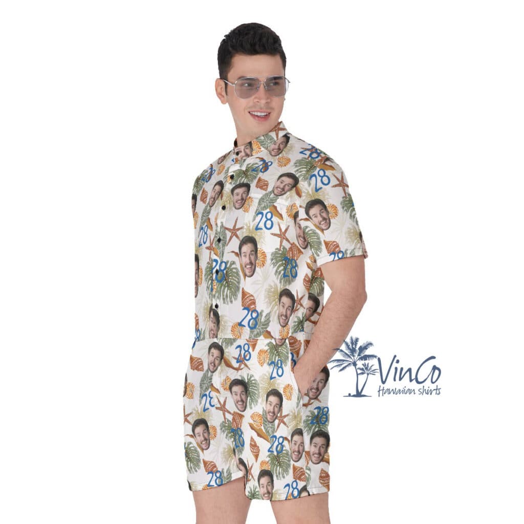 Funny Custom Face And Age Tropical Seashell Hawaiian Romper For Men