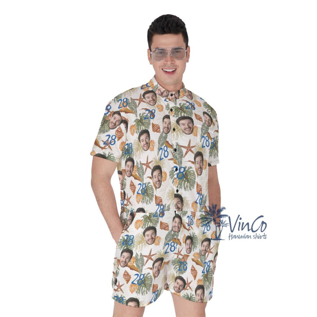 Funny Custom Face And Age Tropical Seashell Hawaiian Romper For Men