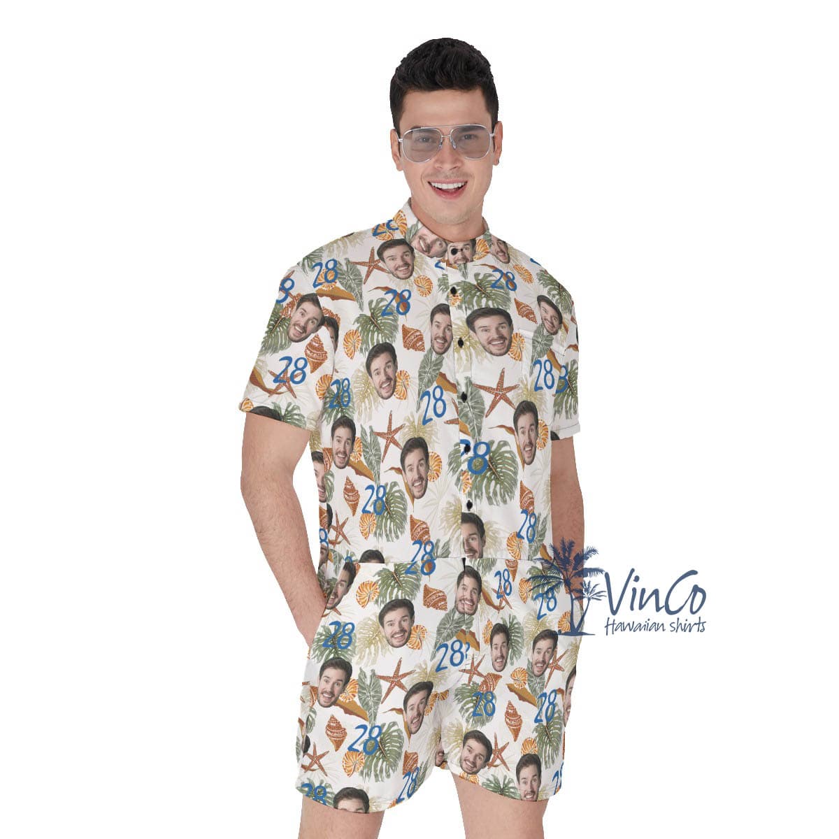 Funny Custom Face And Age Tropical Seashell Hawaiian Romper For Men