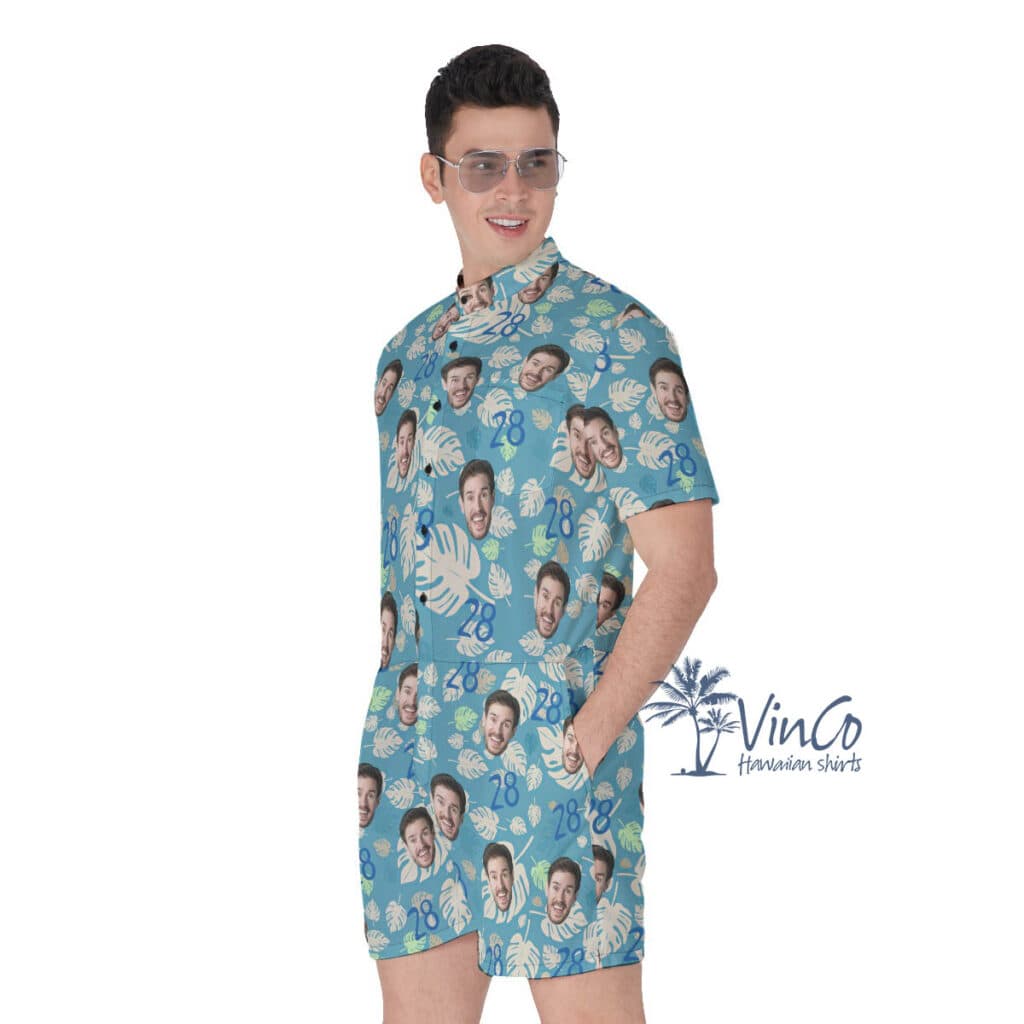 Funny Custom Face Birthday Blue Hawaiian Romper For Men