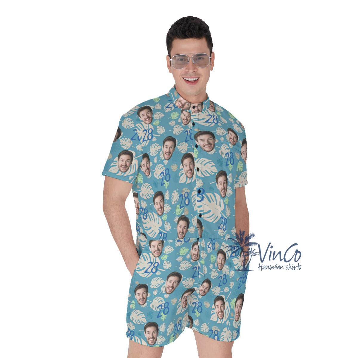 Funny Custom Face Birthday Blue Hawaiian Romper For Men