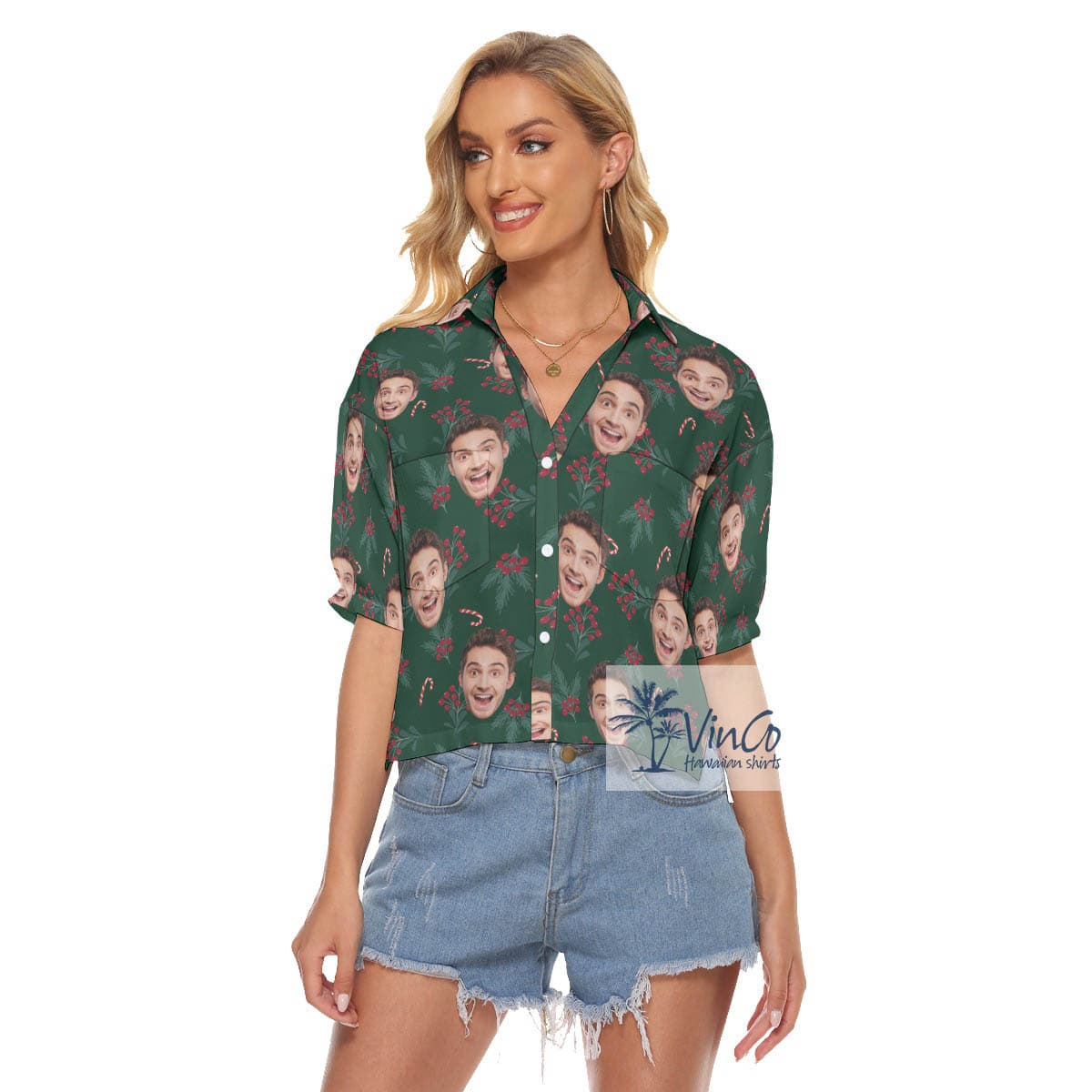 Funny Custom Face Christmas Berries Hawaiian Crop Top Shirt For Women (1)