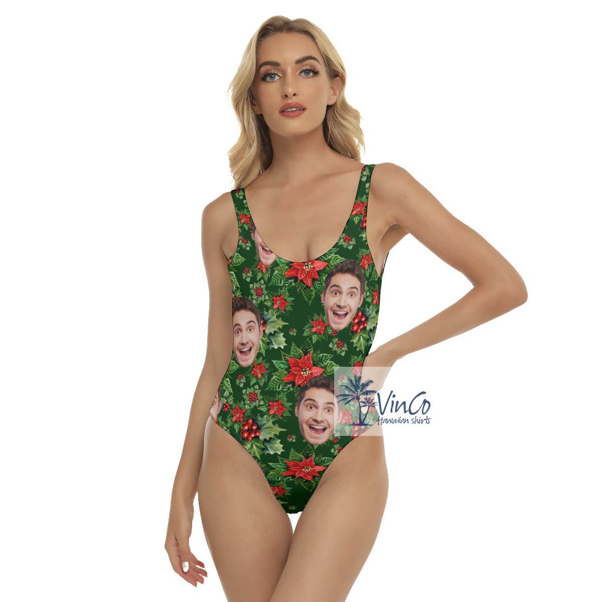 Funny Custom Face Christmas Floral Hawaiian Swimsuit For Women (4)