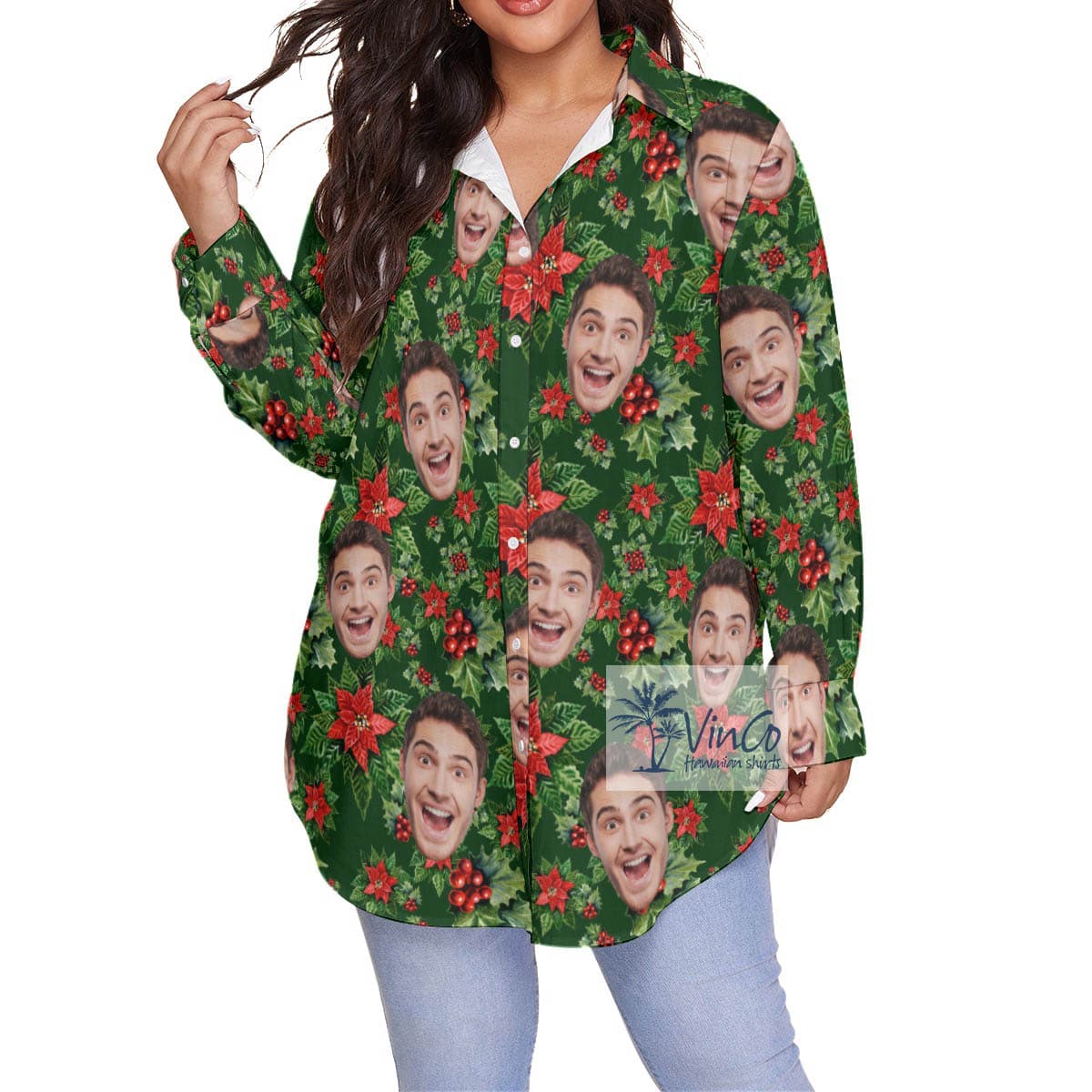 Funny Custom Face Christmas Poinsettia Floral Hawaiian Plus Size Shirt