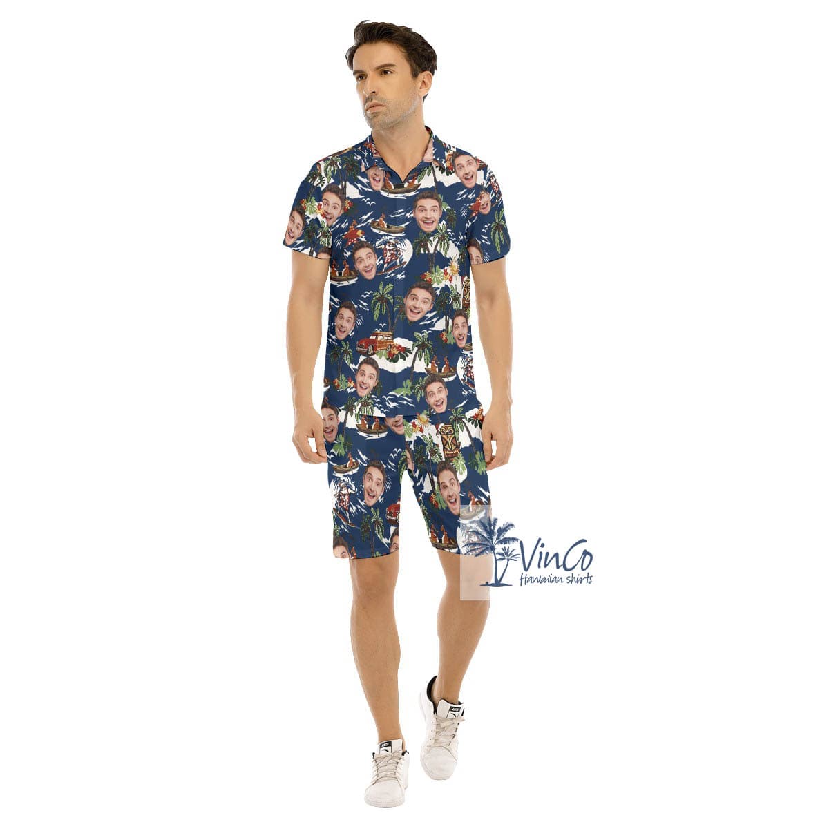 Funny Custom Face Christmas Reindeer Tropical Navy Hawaiian Shirt And Shorts For Men (3)