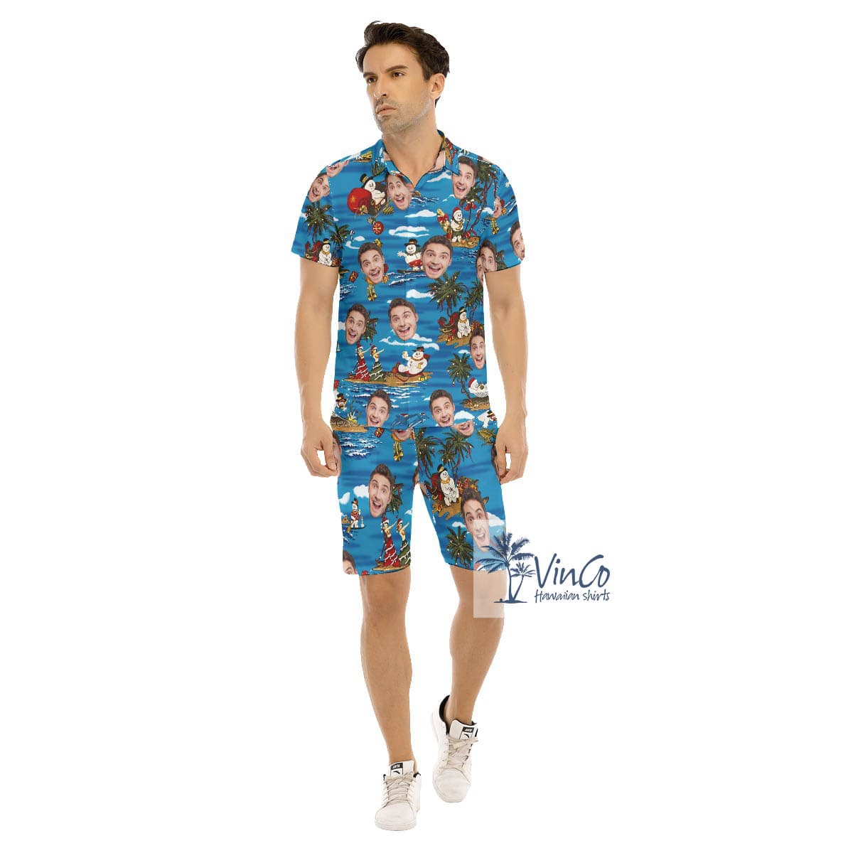 Funny Custom Face Christmas Snowman Hawaiian Shirt And Matching Shorts For Men (1)