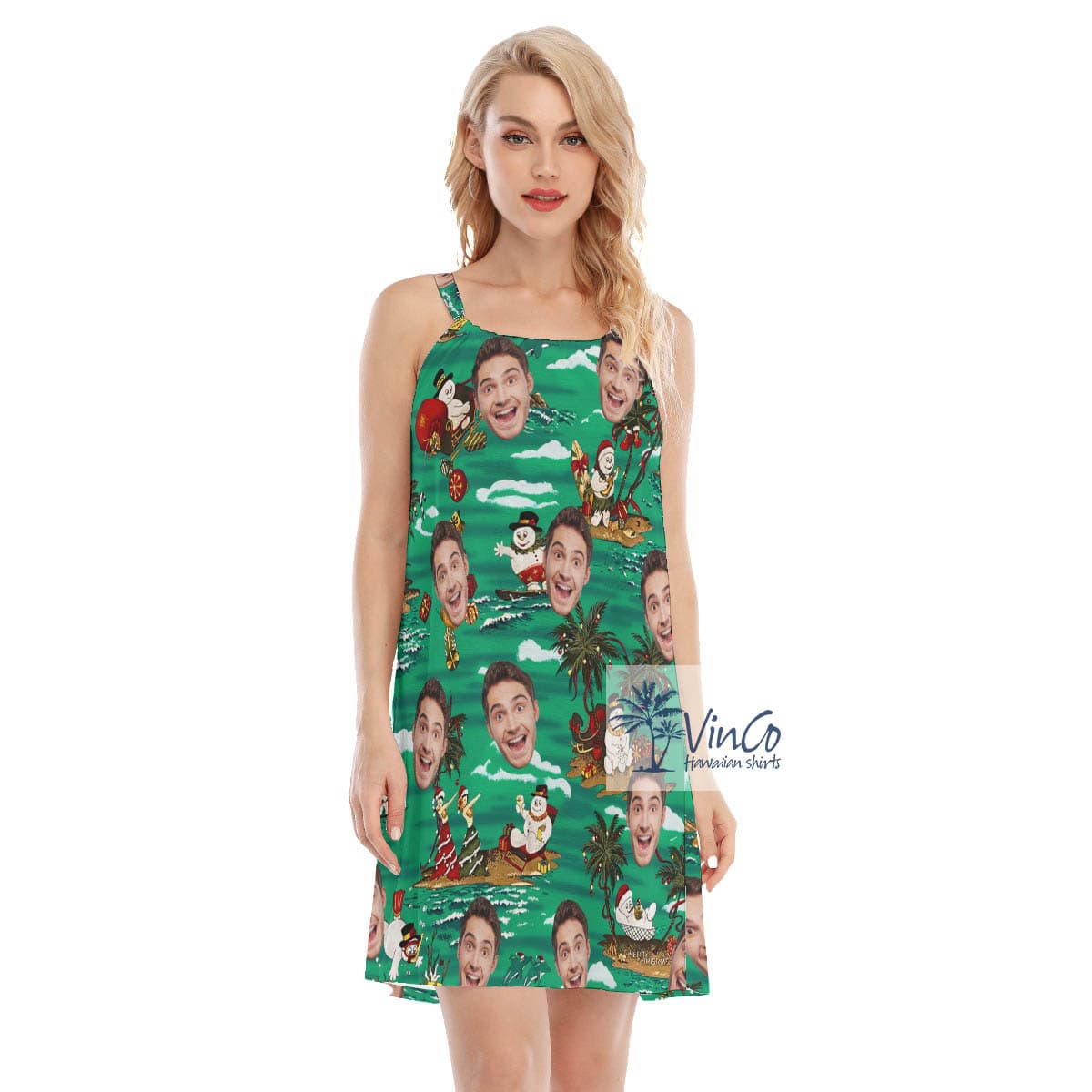 Funny Custom Face Christmas Snowman Tropical Hawaiian Dresses For Women (4)
