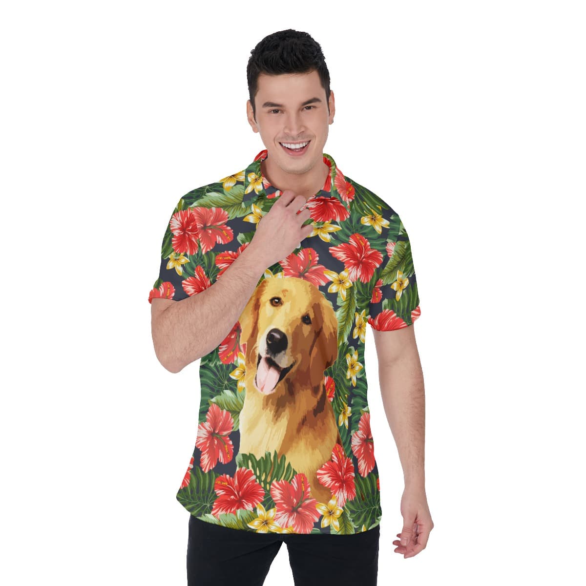 Funny Custom Face Dog Tropical Hibicus Hawaiian Polo Shirt For Men
