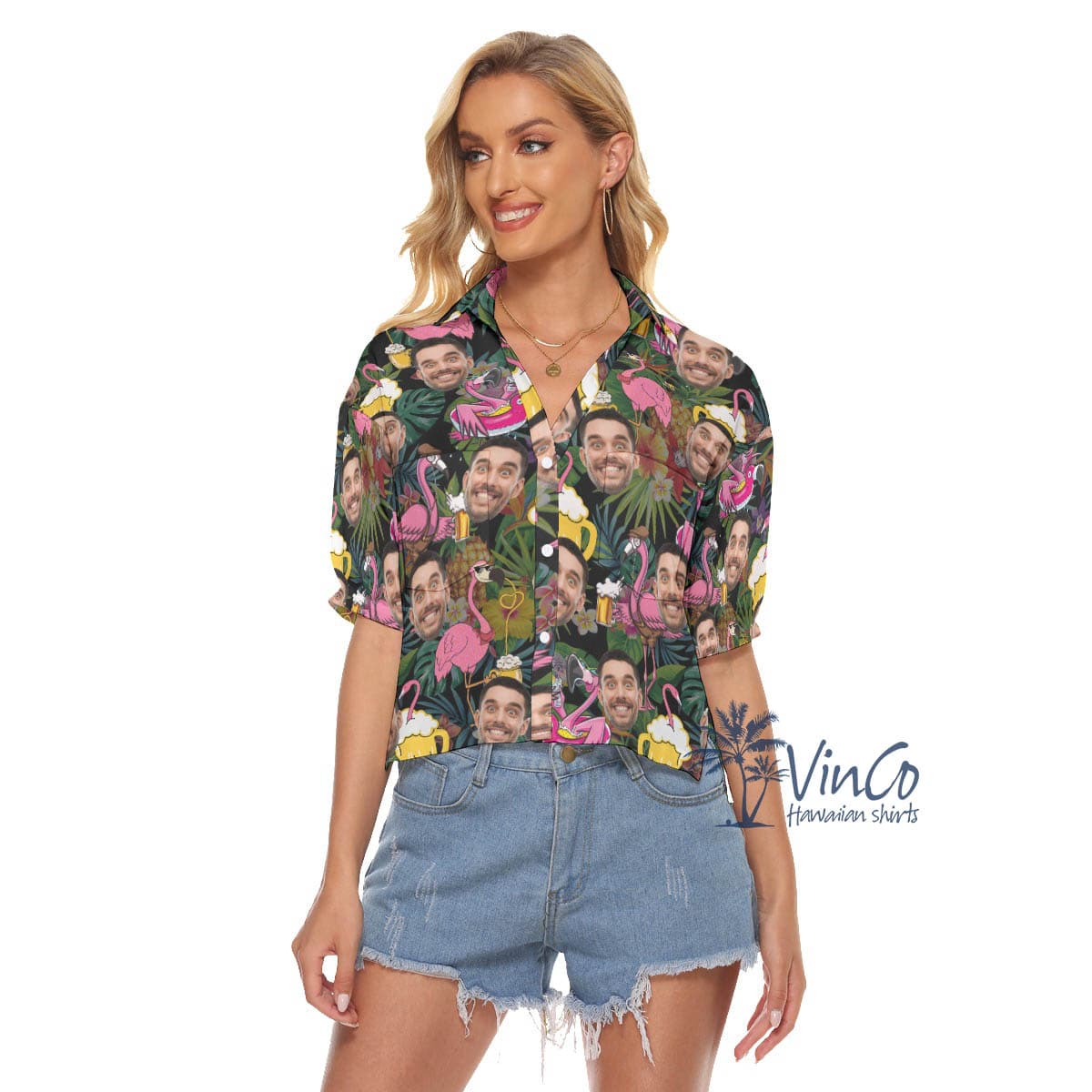 Funny Custom Face Flamingo Beer Hawaiian Cropped Shirt For Women (4)