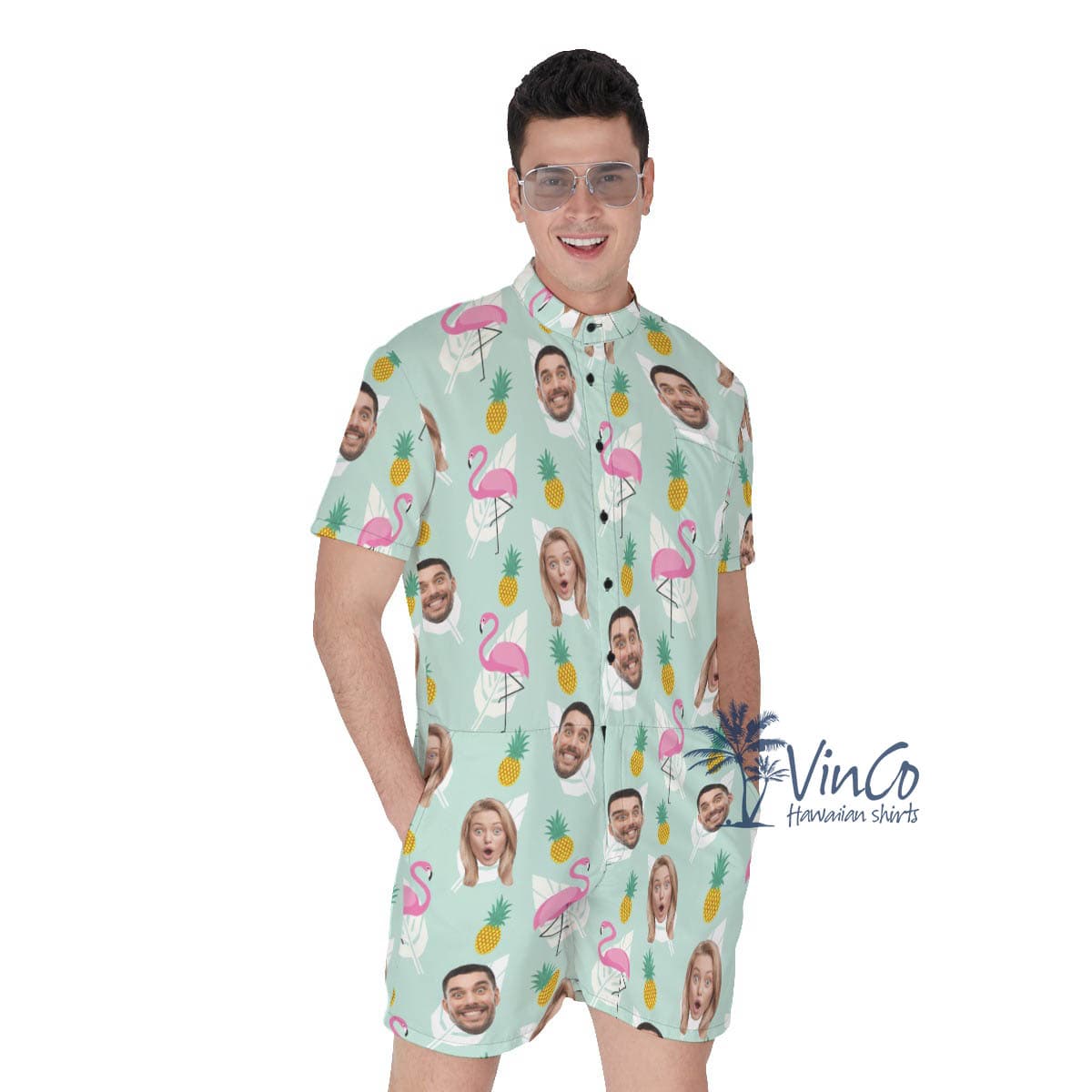 Funny Custom Face Flamingo Pineapple Hawaiian Romper For Men