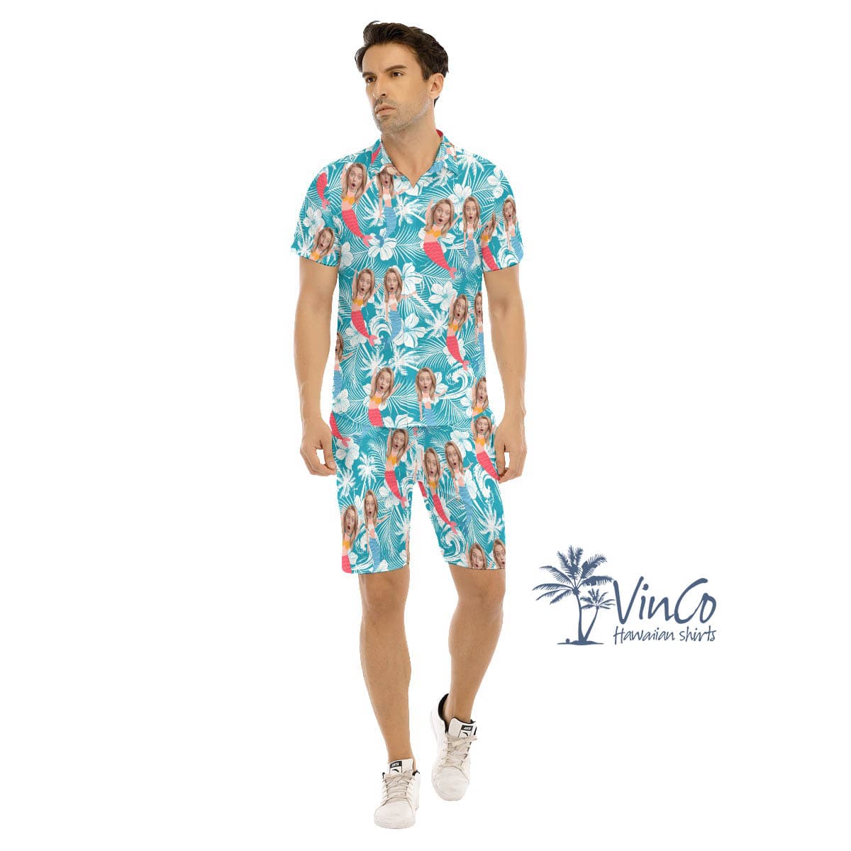 Funny Custom Face Mermaid Blue Hawaiian Shirt And Matching Shorts For Men (1)