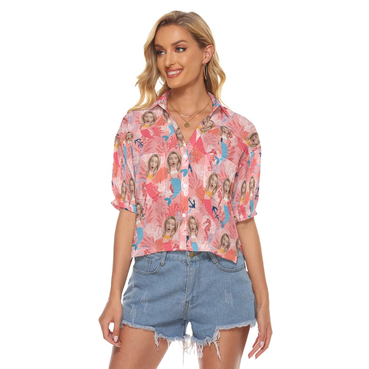 Funny Custom Face Mermaid Pink Hawaiian Cropped Shirt For Women (1)